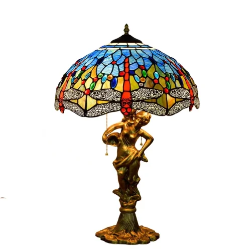 Настольная лампа Тиффани Dragonfly OFT942 Tiffany Lighting голубая разноцветная жёлтая красная 2 лампы, основание золотое металл в стиле тиффани стрекоза