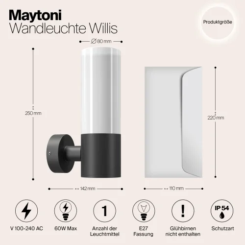 Настенный светильник уличный Willis O418WL-01B Maytoni уличный IP54 чёрный на 1 лампу, плафон белый в стиле современный E27 фото 13