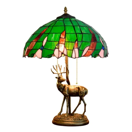 Настольная лампа Тиффани Rural Green OFT902 Tiffany Lighting разноцветная красная зелёная 2 лампы, основание бронзовое металл в стиле тиффани орнамент