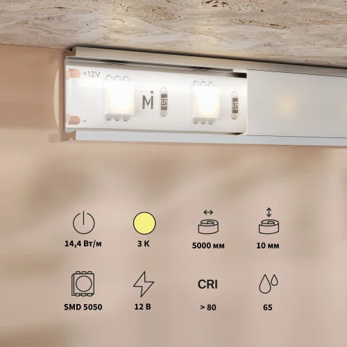 Светодиодная лента 12В 5050 14,4Вт/м 3000K 5м IP 65 201186 Maytoni цвет LED тёплый белый 3000K, световой поток 1350Lm фото 2