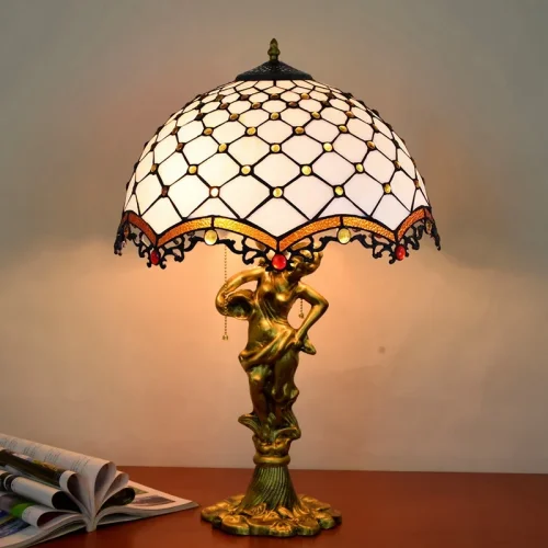Настольная лампа Тиффани European OFT946 Tiffany Lighting разноцветная коричневая белая 2 лампы, основание золотое металл в стиле тиффани орнамент фото 3