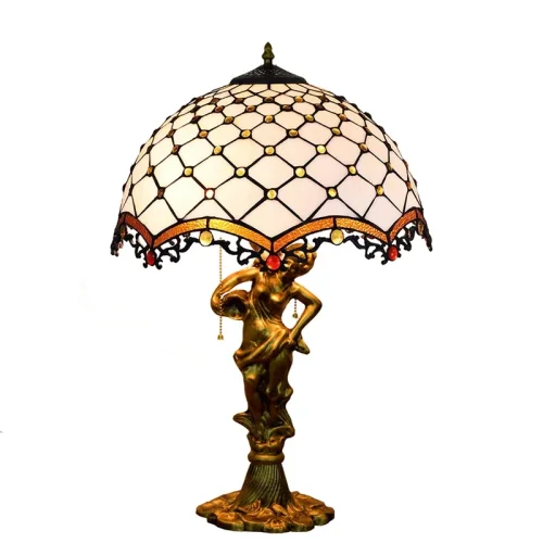 Настольная лампа Тиффани European OFT946 Tiffany Lighting разноцветная коричневая белая 2 лампы, основание золотое металл в стиле тиффани орнамент