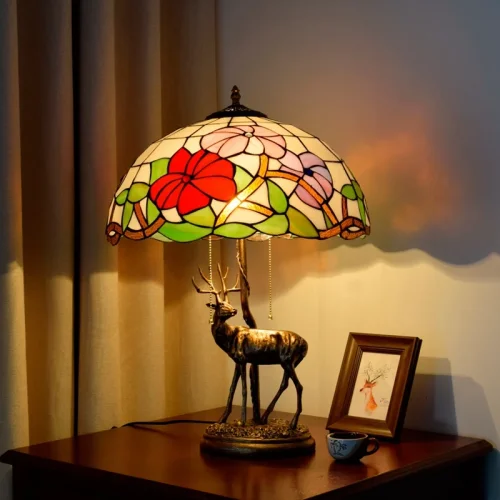 Настольная лампа Тиффани Flower OFT903 Tiffany Lighting разноцветная красная розовая зелёная белая 2 лампы, основание бронзовое металл в стиле тиффани цветы фото 2