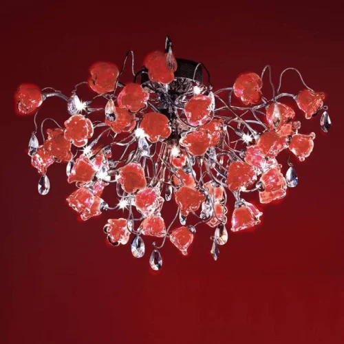 Люстра потолочная Rosa EL325C15.2 Citilux красная прозрачная на 12 ламп, основание хром серое в стиле флористика 