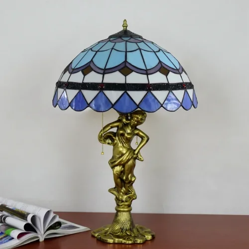 Настольная лампа Тиффани Mediterranean OFT943 Tiffany Lighting голубая разноцветная белая 2 лампы, основание золотое металл в стиле тиффани орнамент средиземноморский фото 4