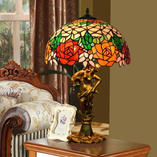 Настольная лампа Тиффани Rose OFT940 Tiffany Lighting разноцветная оранжевая красная зелёная 2 лампы, основание золотое металл в стиле тиффани цветы фото 2