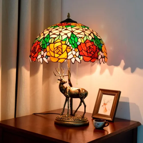 Настольная лампа Тиффани Rose OFT908 Tiffany Lighting разноцветная оранжевая красная зелёная 2 лампы, основание бронзовое металл в стиле тиффани цветы фото 2