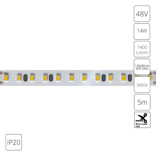 Светодиодная лента 48В 14Вт/м 1400Лм/м 3000К 90+ 10мм SMD2835 120шт/м 5м IP20 Tape A4812010-05-3K Arte Lamp цвет LED тёплый белый 3000K, световой поток Lm
