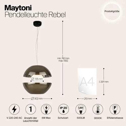 Светильник подвесной LED Rebel MOD322PL-L6G3K Maytoni серый на 1 лампу, основание чёрное в стиле фото 4