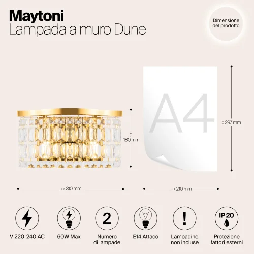 Бра Dune DIA005WL-02G Maytoni прозрачный на 2 лампы, основание золотое в стиле классический современный фото 7